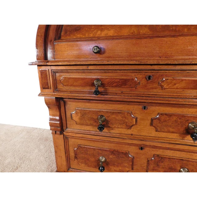 Brown Antique 1880s Victorian Eastlake Burled Walnut Cylinder Secretary Bookcase Desk For Sale - Image 8 of 16