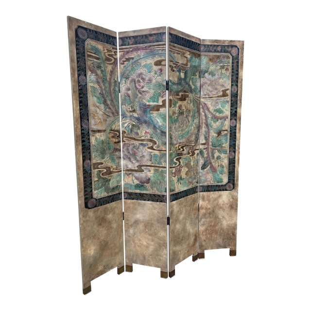 Vintage Asian Style Screen With Bird and Foliage Details For Sale