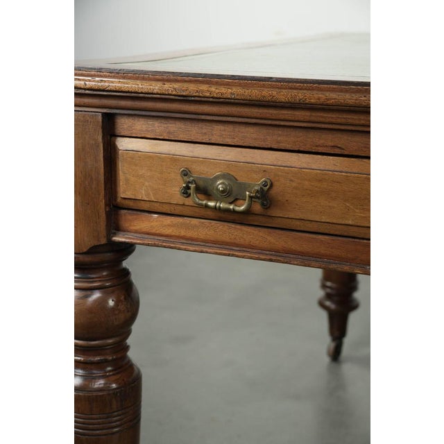 Antique English Writing Desk on Wheels with Drawers and Green Leather Top For Sale - Image 12 of 14