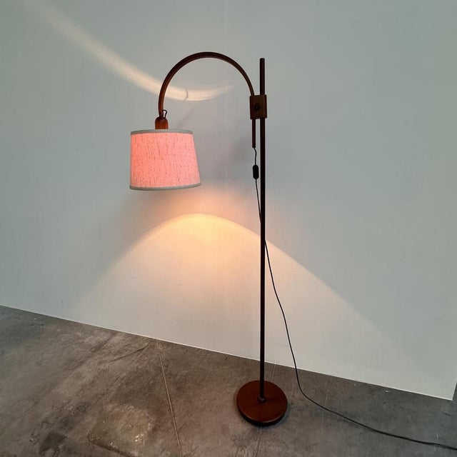 Brown Mid-Century Modern Adjustable Teak Arc Floor Lamp with Fabric Shade, 1960s For Sale - Image 8 of 12