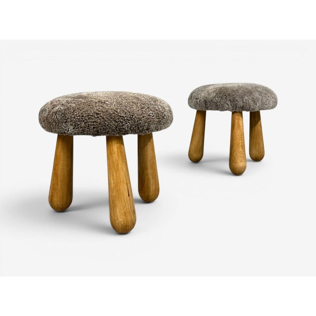 Danish Modern Style, Gray Sheepskin, Maple, Shearling Footstools, 21st C. For Sale - Image 4 of 9