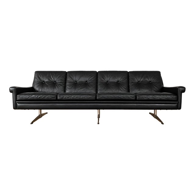 Vintage Danish Four-Seater Sofa in Black Leather and Chrome from Svend Skipper For Sale