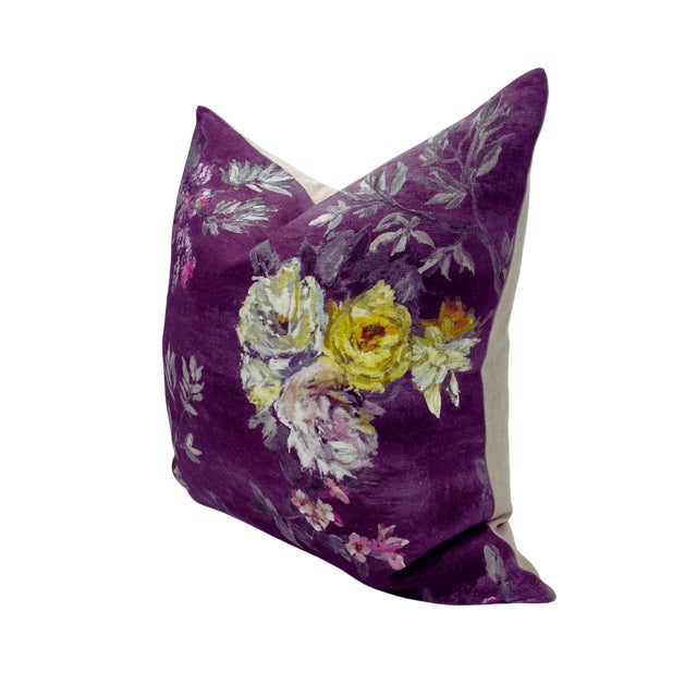 Pair of handcrafted pillows fashioned with Designers Guild in Floral fabric on the front and backed in a flax colored...