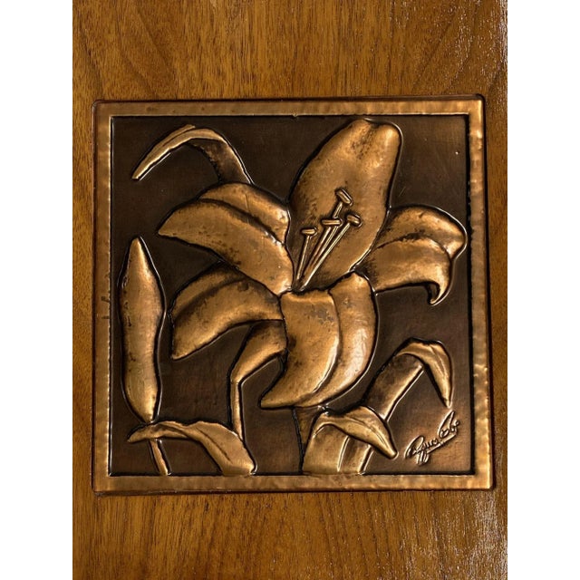Vintage copper wall decor, featuring a handmade folk art hibiscus on a large wooden frame. 1948, Signed Overall 10" x 10"