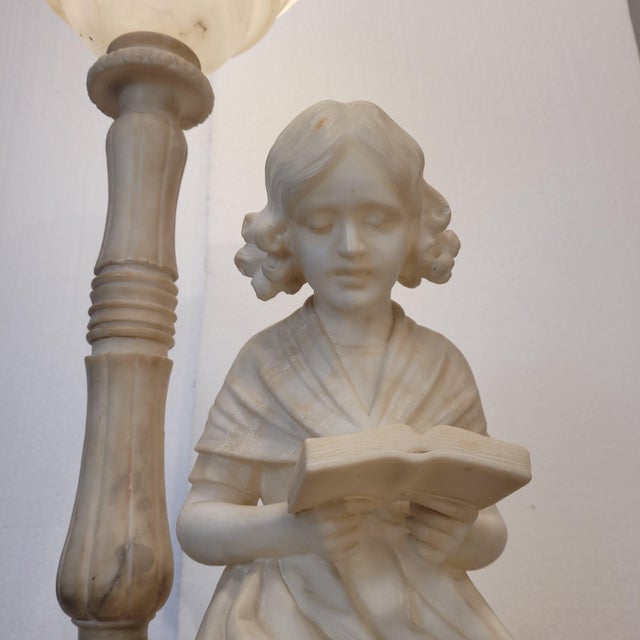 Early 20th Century Art Nouveau Girl Reading Table Lamp in Alabaster, Italy, 1920s For Sale - Image 14 of 18