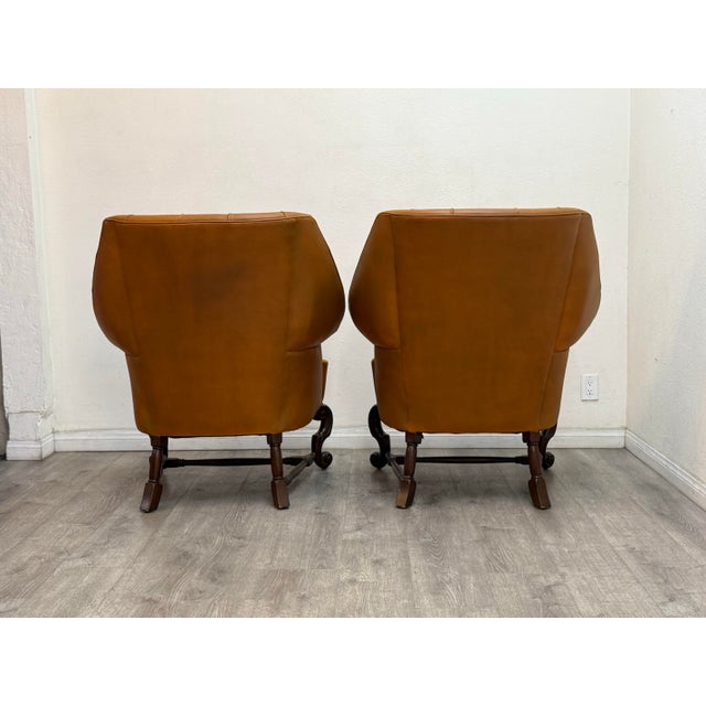 Brown Pair of Chesterfield Style Leather Wingback Chairs For Sale - Image 8 of 11