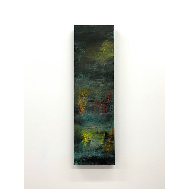 A vintage signed abstract painting on stretched canvas, dated 1990, featuring layered brushwork and a richly textured...