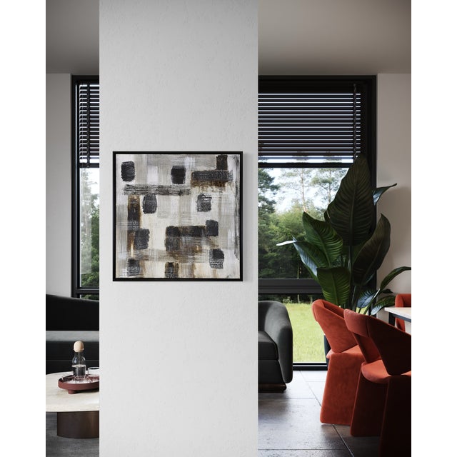 Original abstract painting by J. Kent Martin featuring a structured composition of black, white, gray, and muted color...