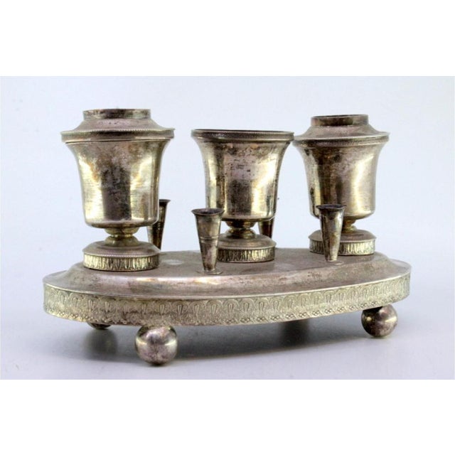 Silver Inkwell with Reservoirs, Pen Holders with Guilloche Friezes and Ball-Shaped Feet For Sale - Image 6 of 7