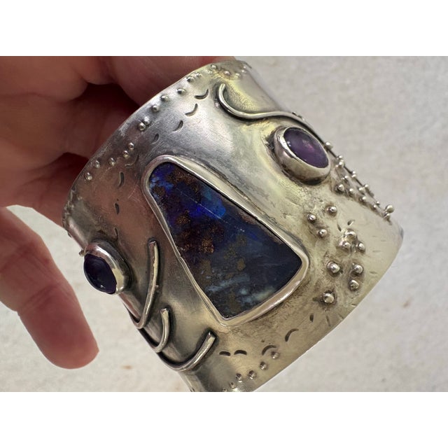 Mid-Century Modern 1970s Brutalist Sterling Silver Cuff Bracelet With Gem Stones For Sale - Image 3 of 7