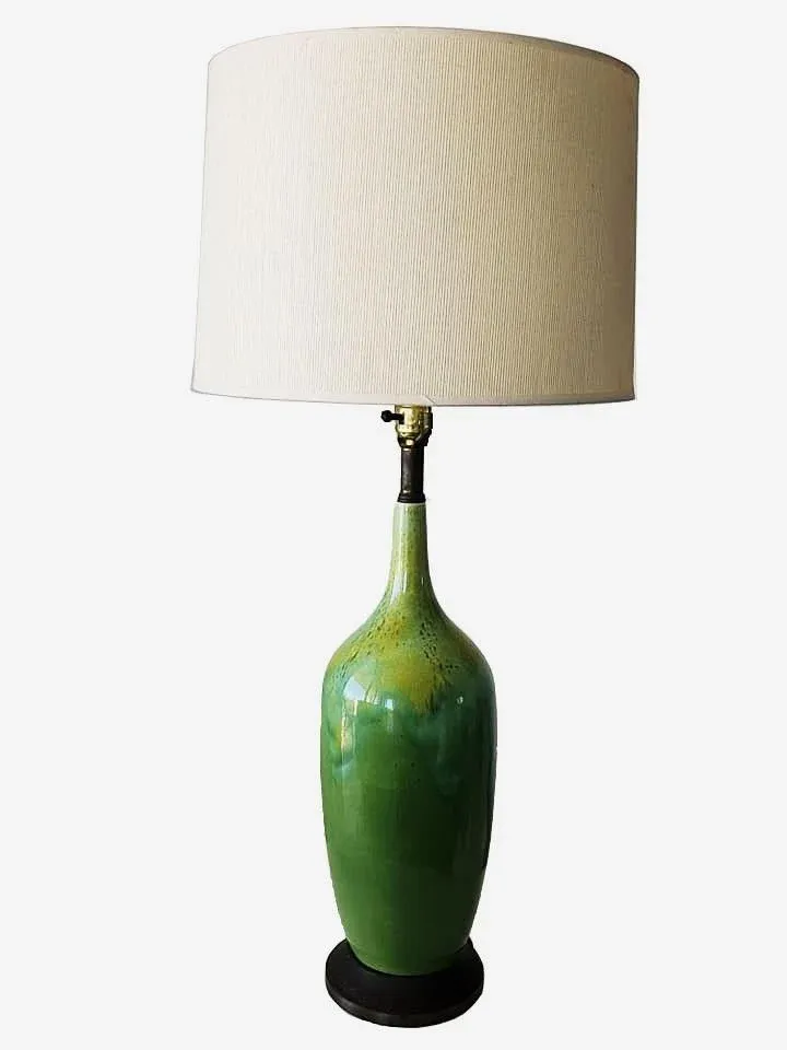 Mid 20th Century Green Drip Glazed Ceramic Tall Table Lamp | Chairish