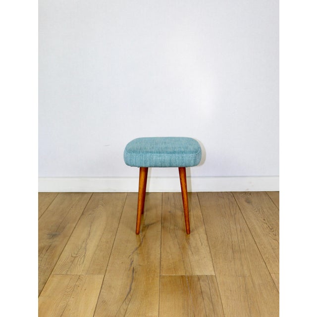 Wood Vintage Blue Turquoise Square Stool from PRL, 1970s For Sale - Image 7 of 7
