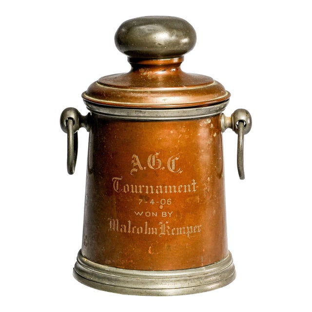 Nice Antique Golf Trophy Copper Metal Humidor Lidded Jar Canister Sports Home Decor For Sale