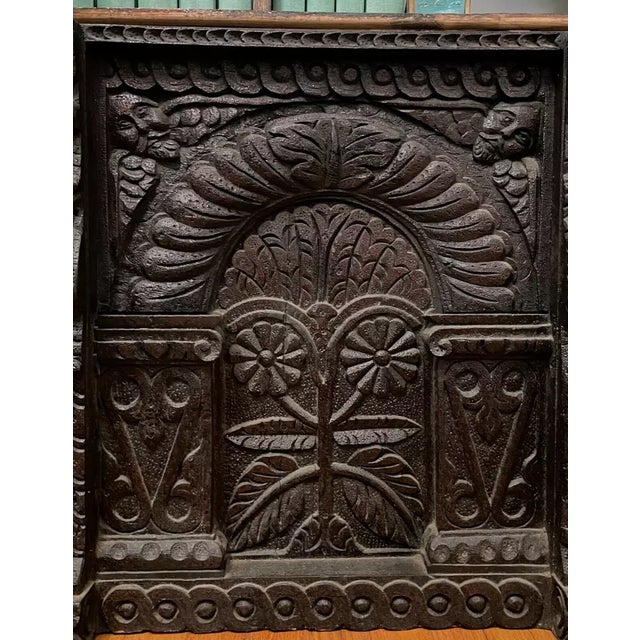 Large, thick, antique Gothic hand-carved oak wood buffet or cabinet door, circa 17th century. It features a Renaissance...
