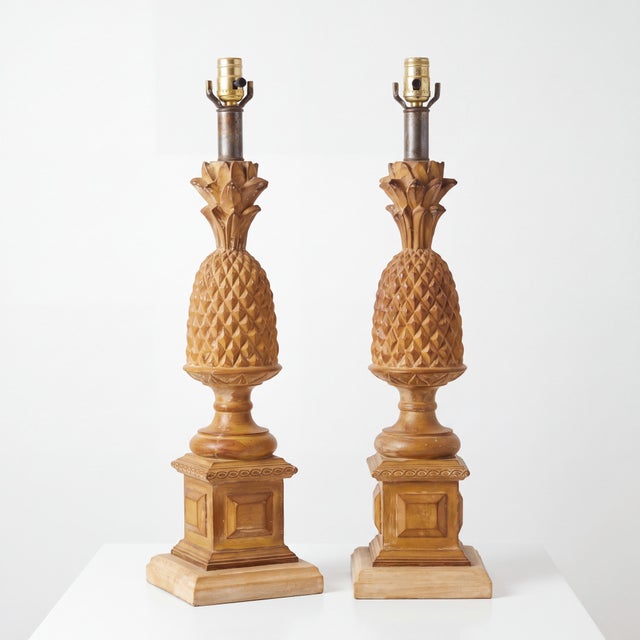 Wood Mid-Century Regency Style Carved & Cerused Pineapple Table Lamps Att. To Chapman, Pair For Sale - Image 7 of 9