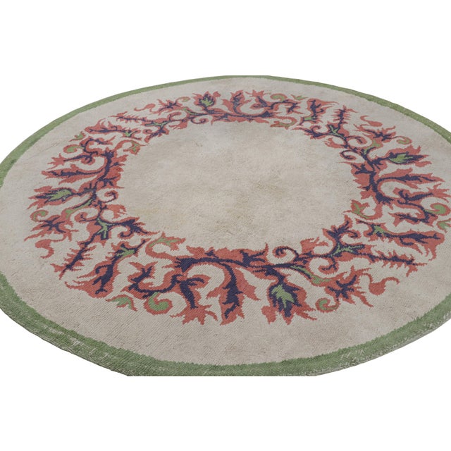 Rug & Kilim Signed Vintage Leleu French Art Deco Circle Rug in White and Blue - Rug & Kilim For Sale - Image 4 of 7