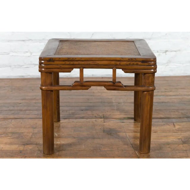 Brown Chinese Qing Dynasty Early 20th Century Elmwood Side Table with Woven Rattan Top For Sale - Image 8 of 13