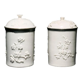 Antique 18th Century French Mennecy Blanc De Chine Porcelain Tobacco Jars With Relief Molded Prunus Circa 1750 - a Pair For Sale