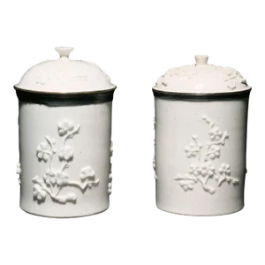 Antique 18th Century French Mennecy Blanc De Chine Porcelain Tobacco Jars With Relief Molded Prunus Circa 1750 - a Pair