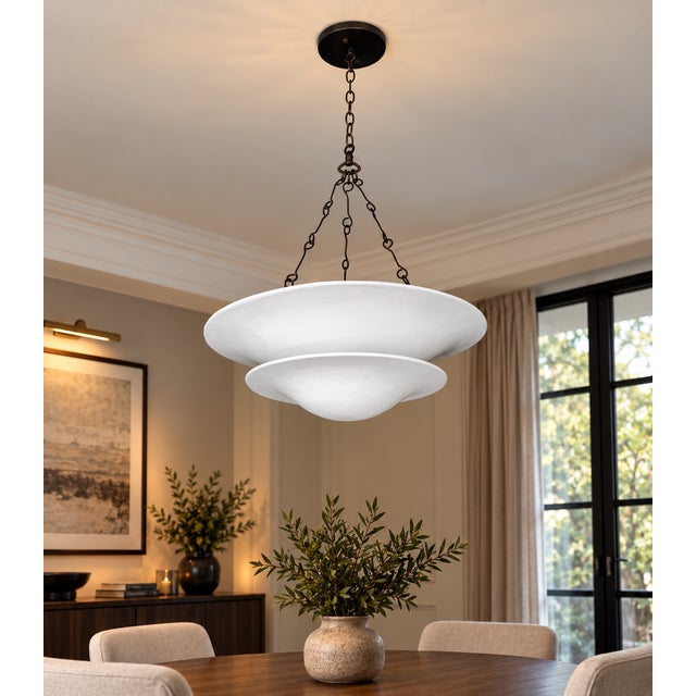 Matte White Layered Pendant Light | 4-Light Steel Shade Chandelier With Black Antique Brass Chain For Sale - Image 4 of 18