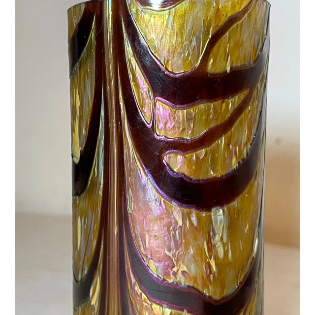 Glass Antique Hand Blown Kralik Czech Aurene Iridescent Rainbow Cylinder Glass Vase For Sale - Image 7 of 12