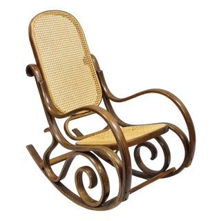 Vintage Mid Century Modern Thonet Style Bentwood & Cane Rocker Rocking Chair (C) For Sale