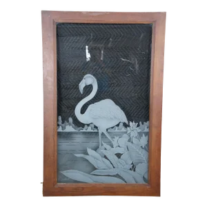 Vintage Late 20th Century Jorge Rodriguez Etched Flamingo Art Glass Cabinet Door Window Panel