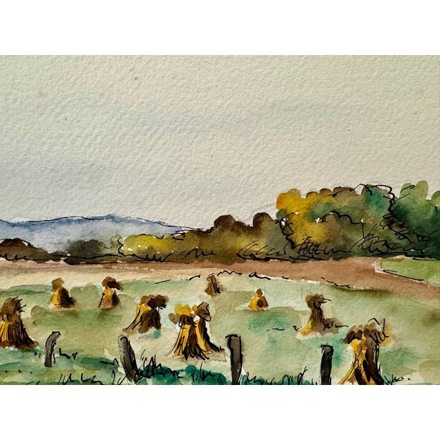 Rustic Henry Emil Salloch Original Watercolor on Paper Corn Stacks at Bunker Hill, West Virginia. 1946. For Sale - Image 3 of 7