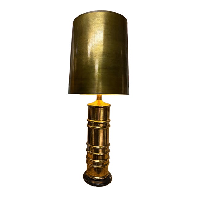 Mid 20th Century Mid-Century Modern Brutalist Style Gold-Tone Table Lamp With Drum Shade For Sale
