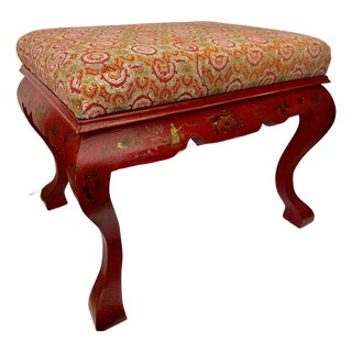 Vintage George II Style Red Chinoiserie Lacquer Bench / Upholstered Ottoman For Sale