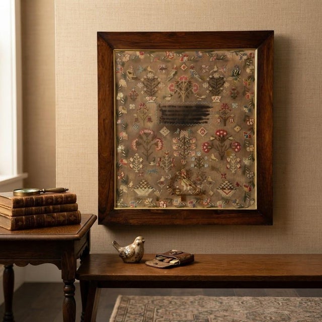 Wood 1843 American Pictorial Folk Art Needlework Sampler in 1840s Flame Grain Veneer Frame For Sale - Image 7 of 10