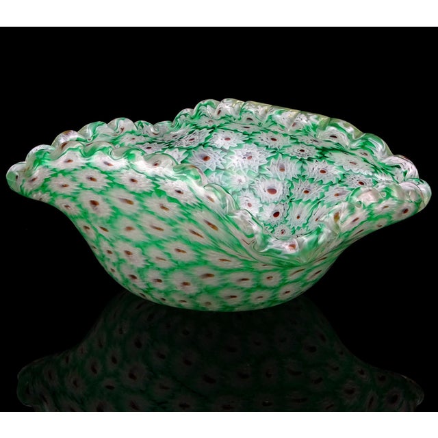 Murano Murano Vintage Fratelli Toso Millefiori Green White Flower Mosaic Italian Art Glass Ruffle Edge Bowl For Sale - Image 4 of 8