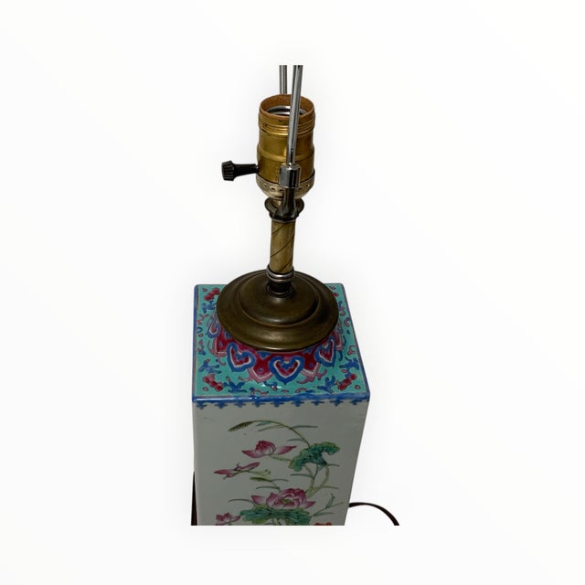 Antique Chinese Republic Period Famille Rose Four Seasons Porcelain Lamp Pagoda Shade Celluloid Rose Finial For Sale - Image 9 of 12