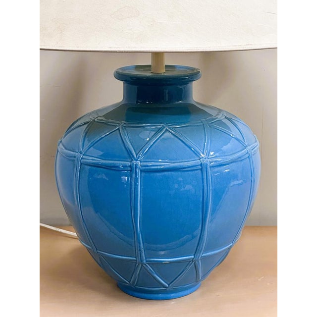 Blue French Ceramic Lamp with Blue Glazed Base from Louis Drimmer, France, 1980s For Sale - Image 8 of 10