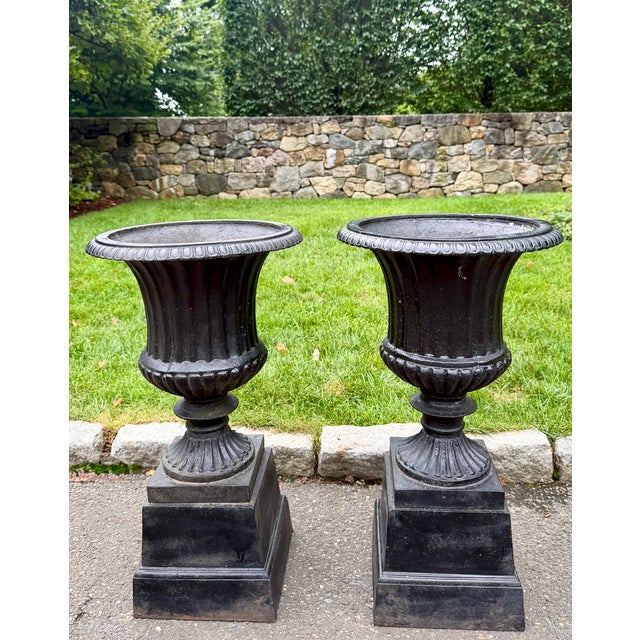 Pair English Neoclassical Black Cast Iron Campana Garden Urns on Plinths, Circa 1880 For Sale In New York - Image 6 of 12