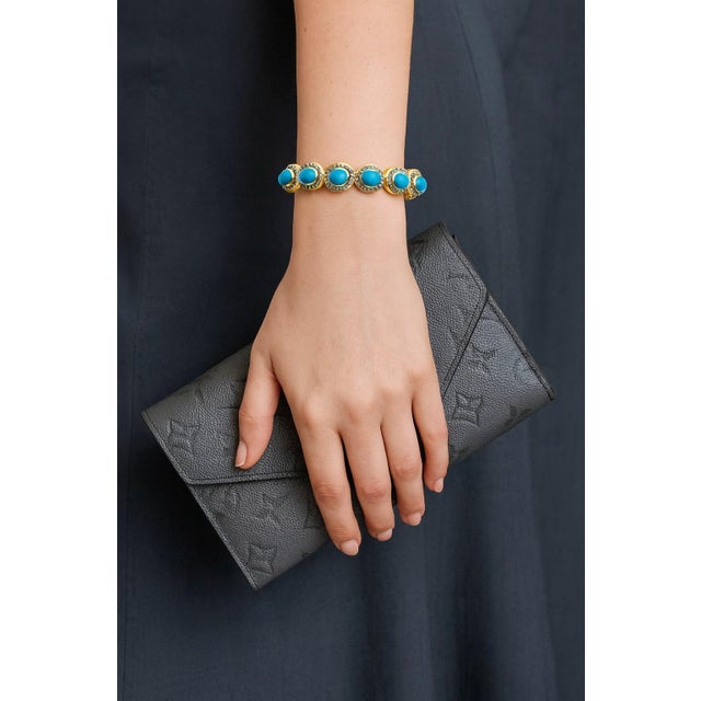 English Bochic “Capri” Vintage Natural Diamond & Turquoise Bracelet Set In 18K & Silver For Sale - Image 3 of 12