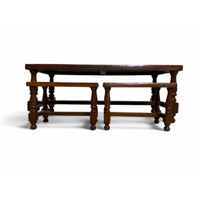 Mid-Century Modern Vintage 1960s Angel Pazmino for Muebles De Estilo Tooled Leather Table & Bench Set - 3 Pieces For Sale - Image 3 of 8