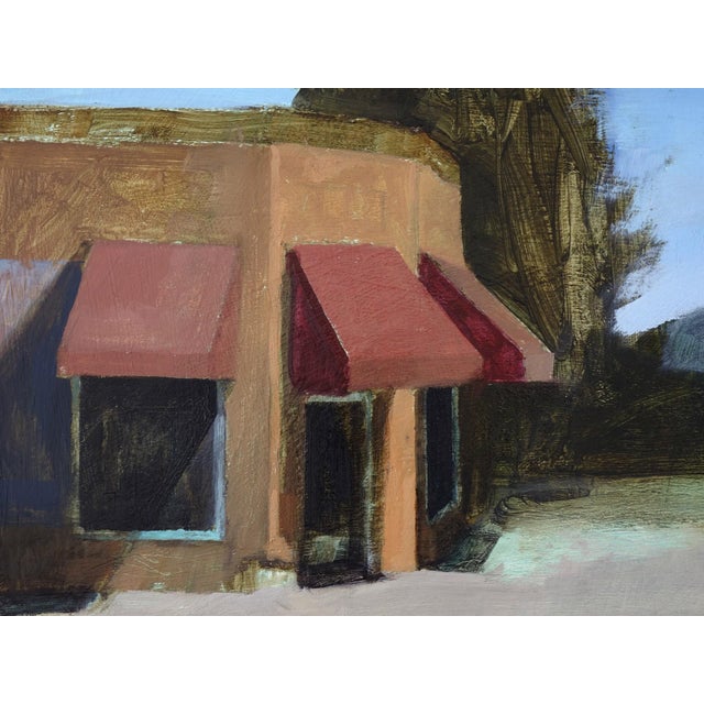 Early 21st Century Daytime Secret by Emma Kalff | Oil on panel Painting of a street scene with buildings and mountains. For Sale - Image 5 of 5