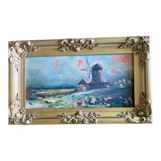 Antique Gold Ornate Frame With Oil on Canvas "Windmill at Dusk" For Sale