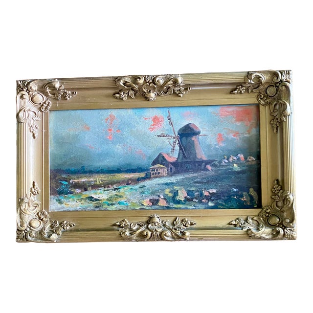 Antique Gold Ornate Frame With Oil on Canvas "Windmill at Dusk" For Sale