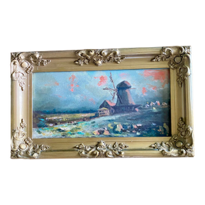 Antique Gold Ornate Frame With Oil on Canvas "Windmill at Dusk"
