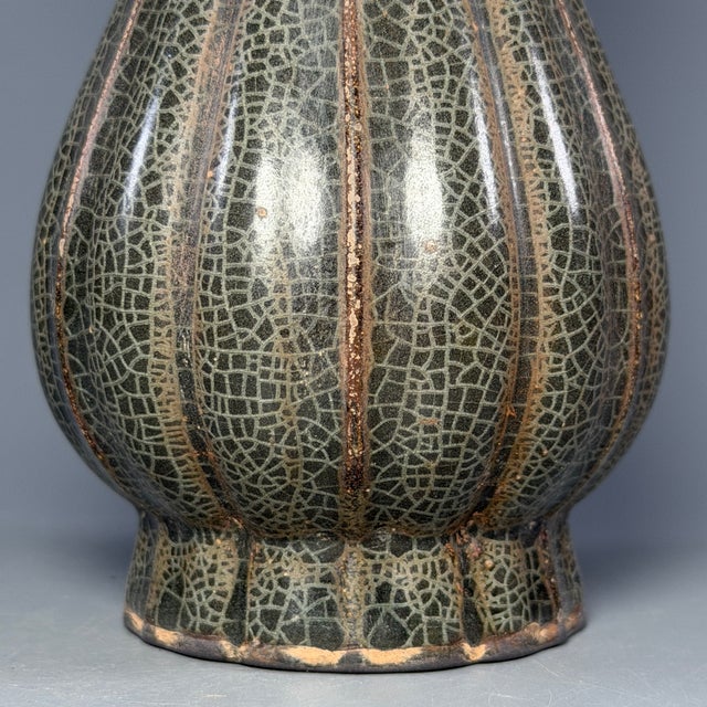 15th Century & Earlier Antique Chinese Official‑Style Celadon Lobed Vase With Scalloped Rim For Sale - Image 5 of 10