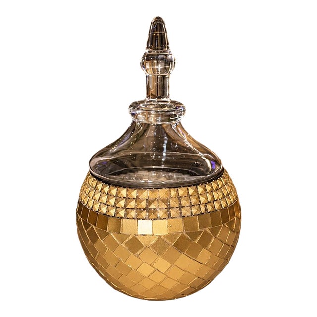 Hollywood Regency Gold Mosaic Glass Lidded Decorative Jar For Sale