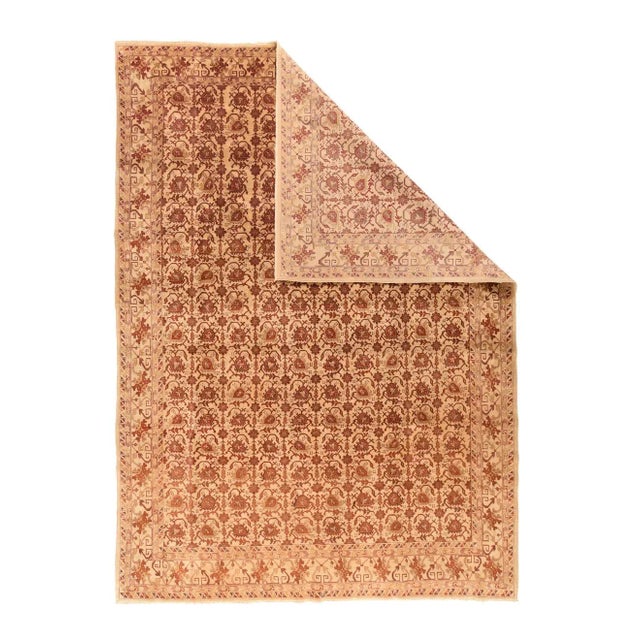 The straw-sand field shows a nine pole allover one-way pattern of attached “bug” palmettes, adapted from 17th century...