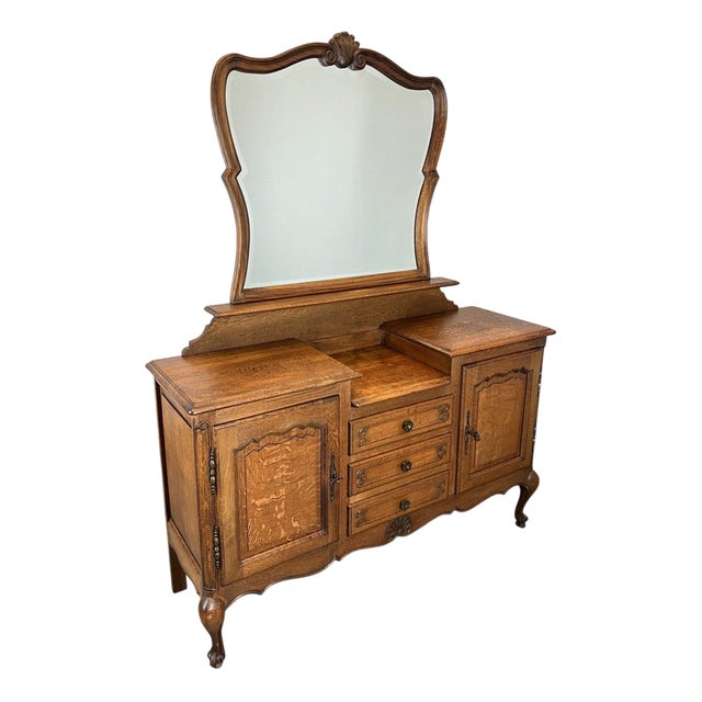 Vintage French Oak Dressing Table with Mirror For Sale