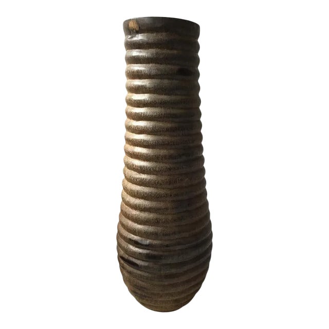 Gigantic Carved Exotic Wood Ribbed Vase For Sale