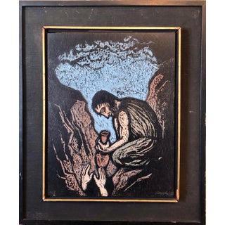 Jacob Steinhardt, German Expressionist Hand Carved Colored Original Wood Pane Art Israeli Bezalel, 1965 For Sale