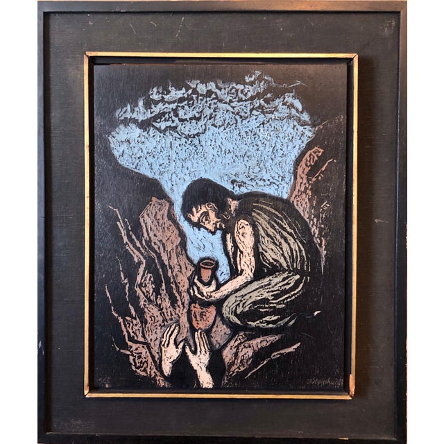 Jacob Steinhardt, German Expressionist Hand Carved Colored Original Wood Pane Art Israeli Bezalel, 1965 For Sale