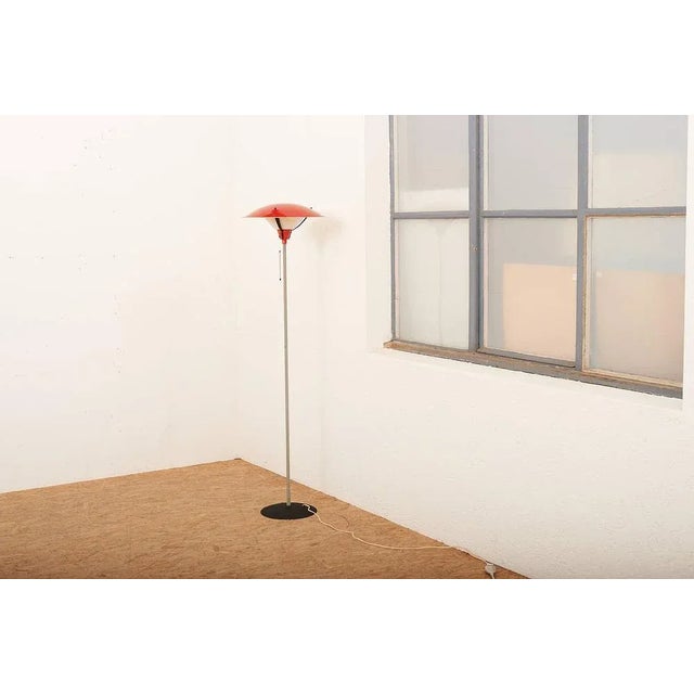 Gray Painted Tubular Steel Floor Lamp with Black Metal Base, Red Painted Metal Shade and Frosted Glass Diffuser For Sale - Image 9 of 10
