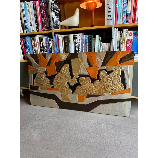 Mid-Century Modern 70s Large Mid-Century Liturgical Modernist Metal Last Supper Wall Relief B. Quijano Cubist Architectural For Sale - Image 3 of 17